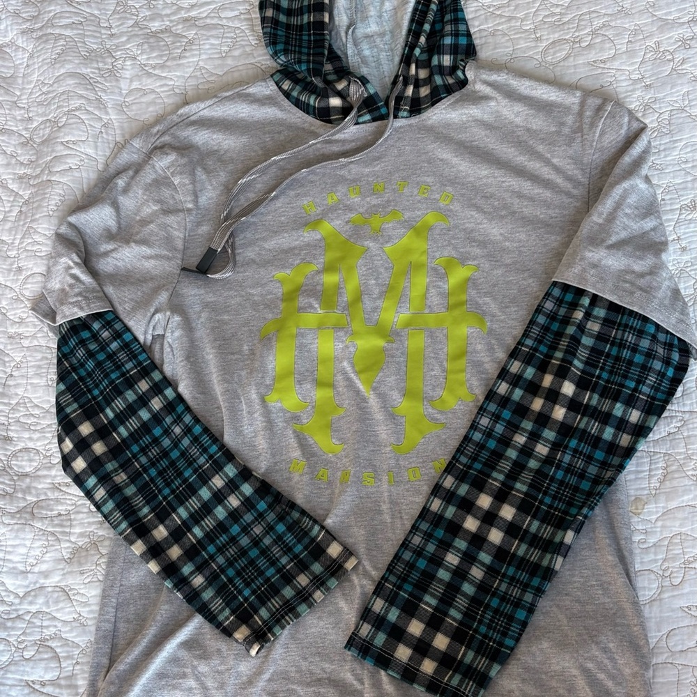 Disney HAUNTED MANSION Hoodie  Gray and Green Plaid